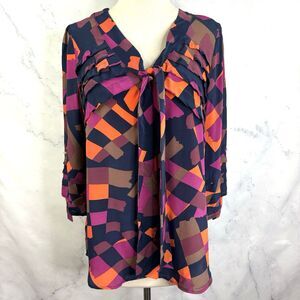 Anthropologie Silk Tunic Blouse Top M Office geometric 70s style Pleated Artsy